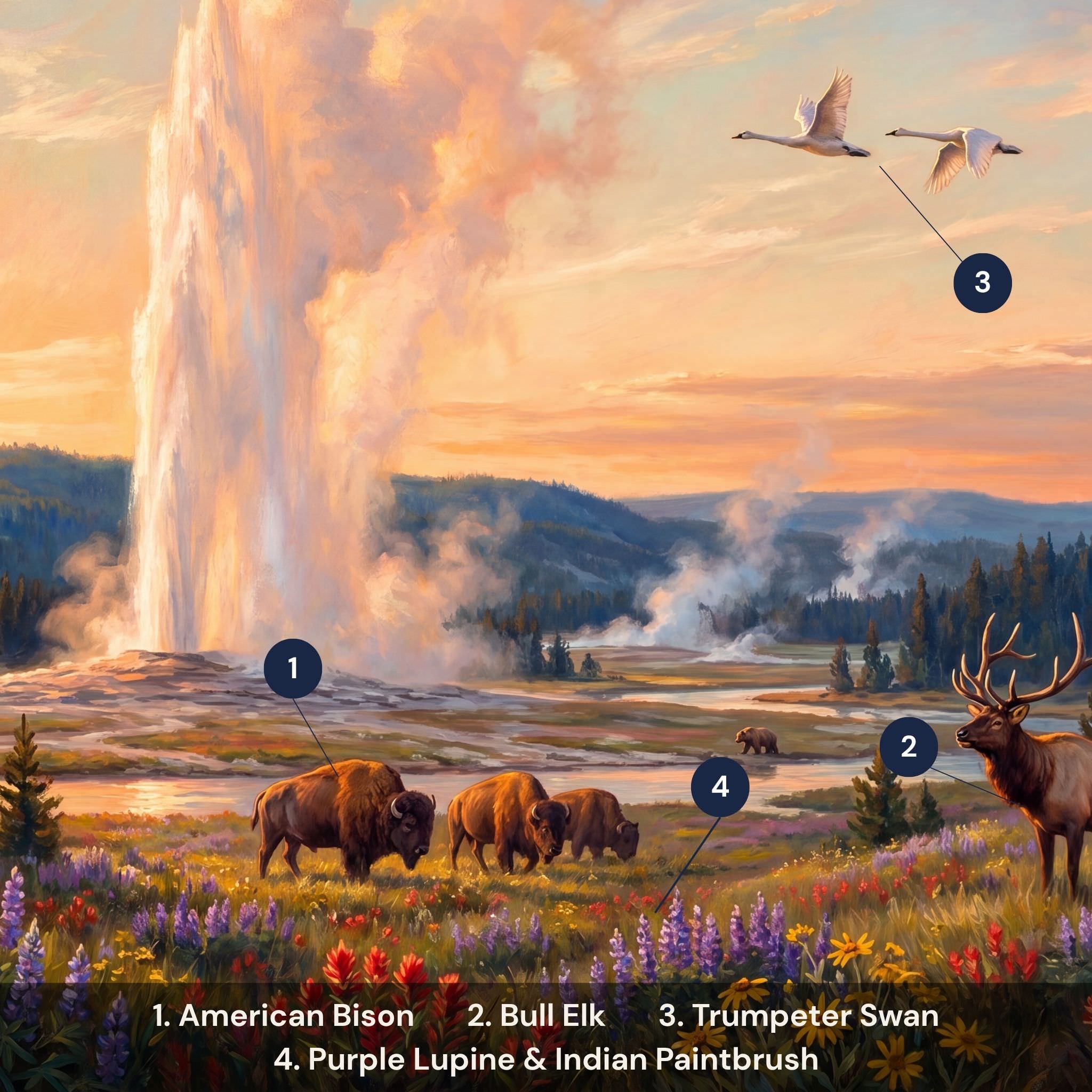 Yellowstone National Park puzzle flora and fauna guide — bison elk trumpeter swan lupine indian paintbrush