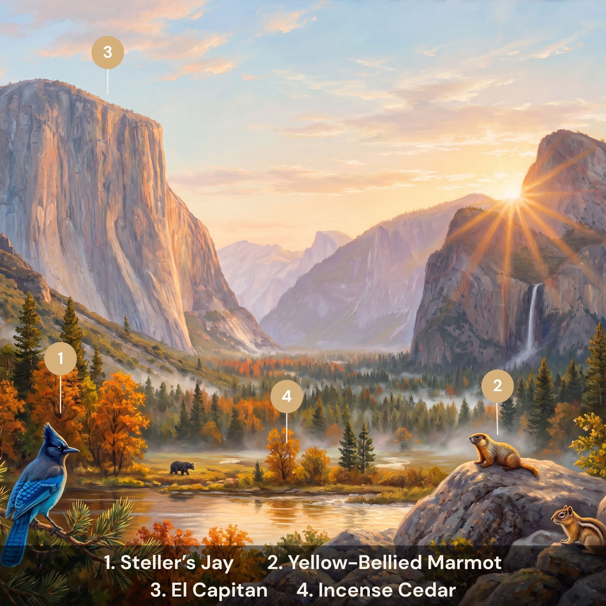 Steller's jay yellow-bellied marmot El Capitan incense cedar Yosemite Valley wildlife guide
