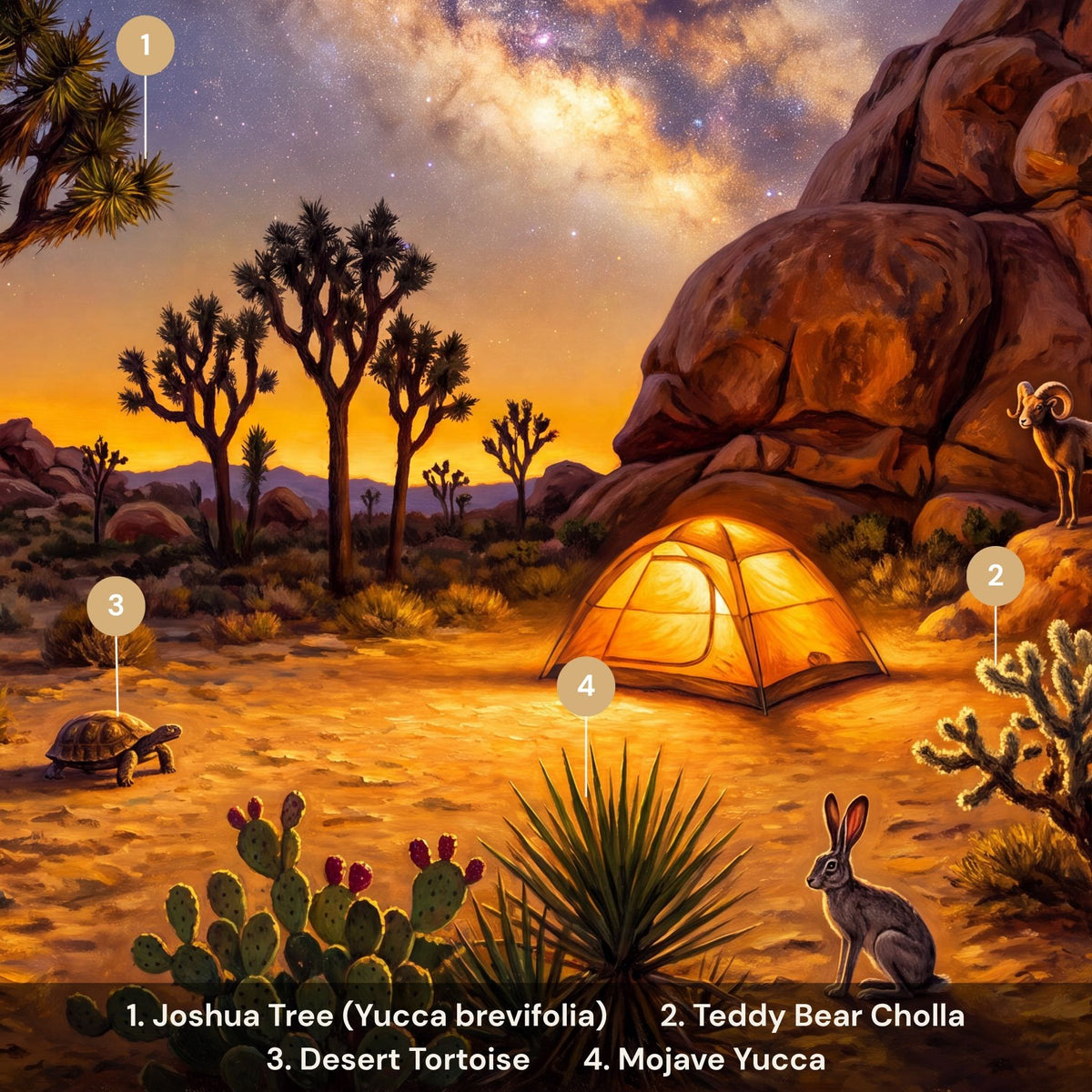 Joshua Tree National Park puzzle flora fauna guide — Joshua Tree Teddy Bear Cholla desert tortoise bighorn sheep