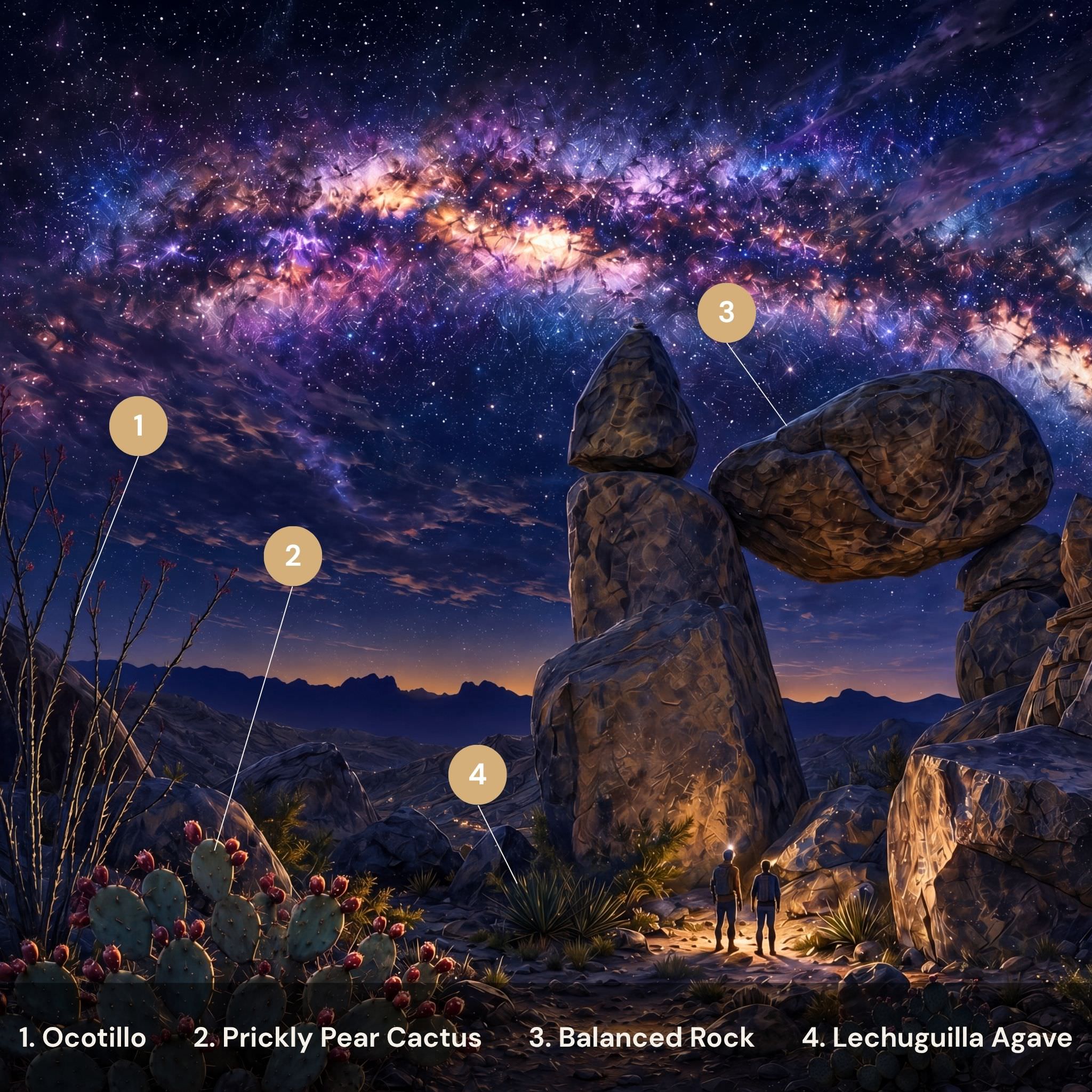 Big Bend National Park puzzle flora and fauna guide — ocotillo prickly pear balanced rock lechuguilla agave
