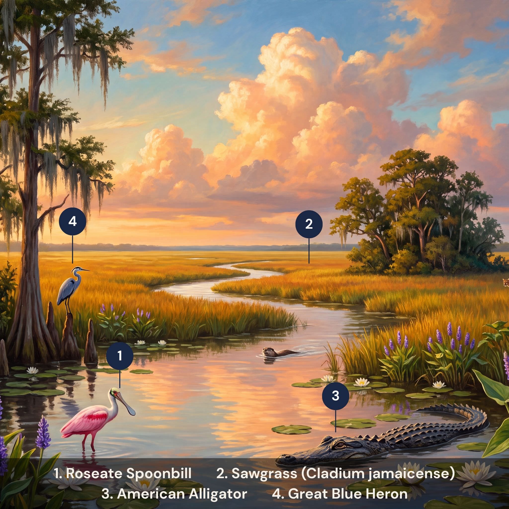 Everglades National Park puzzle flora fauna guide — Roseate Spoonbill Great Blue Heron American alligator sawgrass