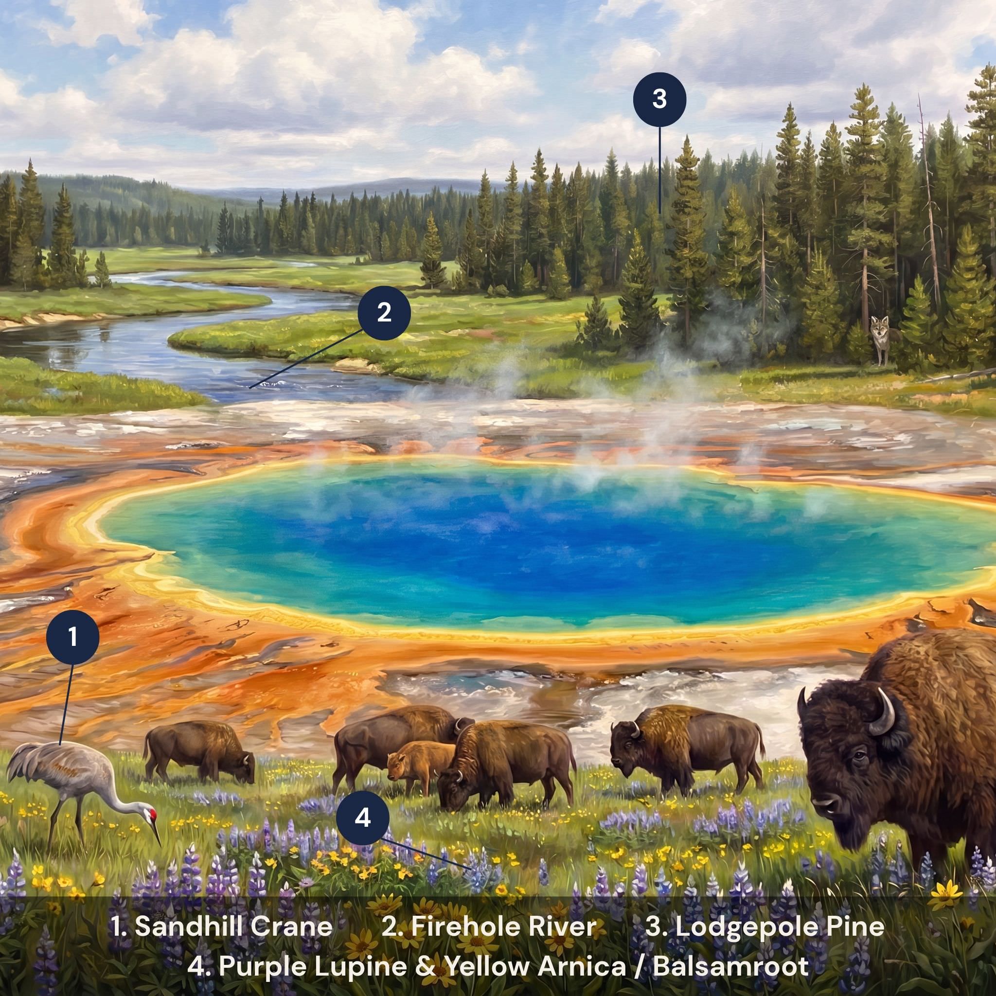 Yellowstone Grand Prismatic Spring puzzle guide — sandhill crane lupine grand prismatic firehole river