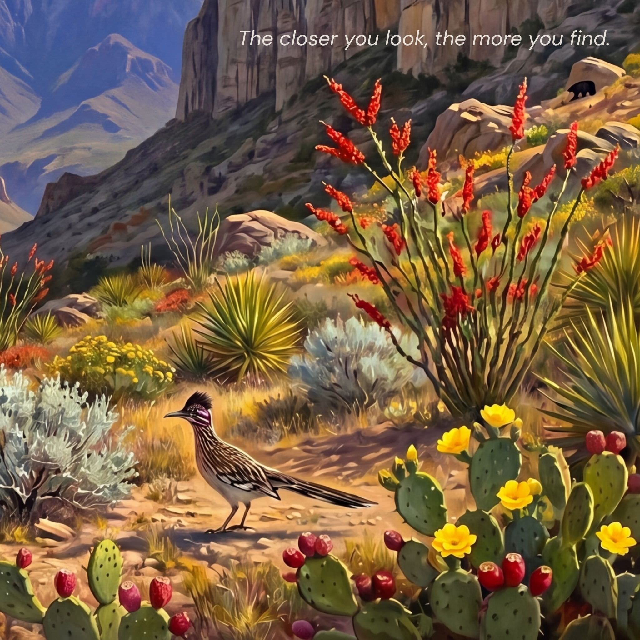 Big Bend Day puzzle detail — roadrunner and black bear 
discovery Chihuahuan Desert wildlife