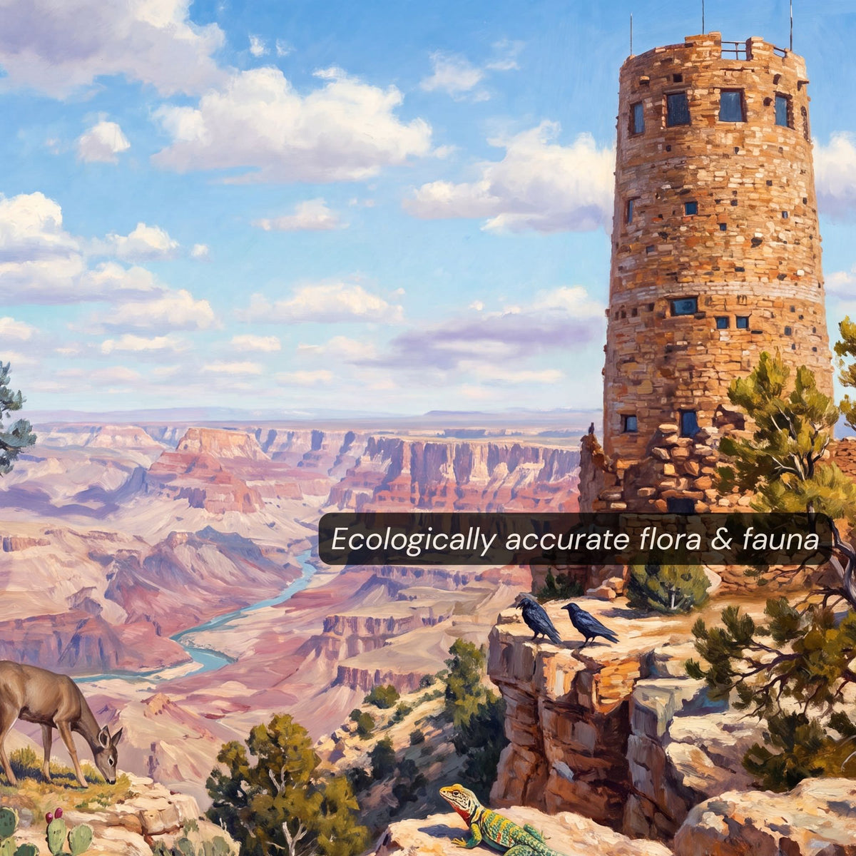 Close-up detail of Grand Canyon Desert View puzzle pieces Watchtower stonework and ravens