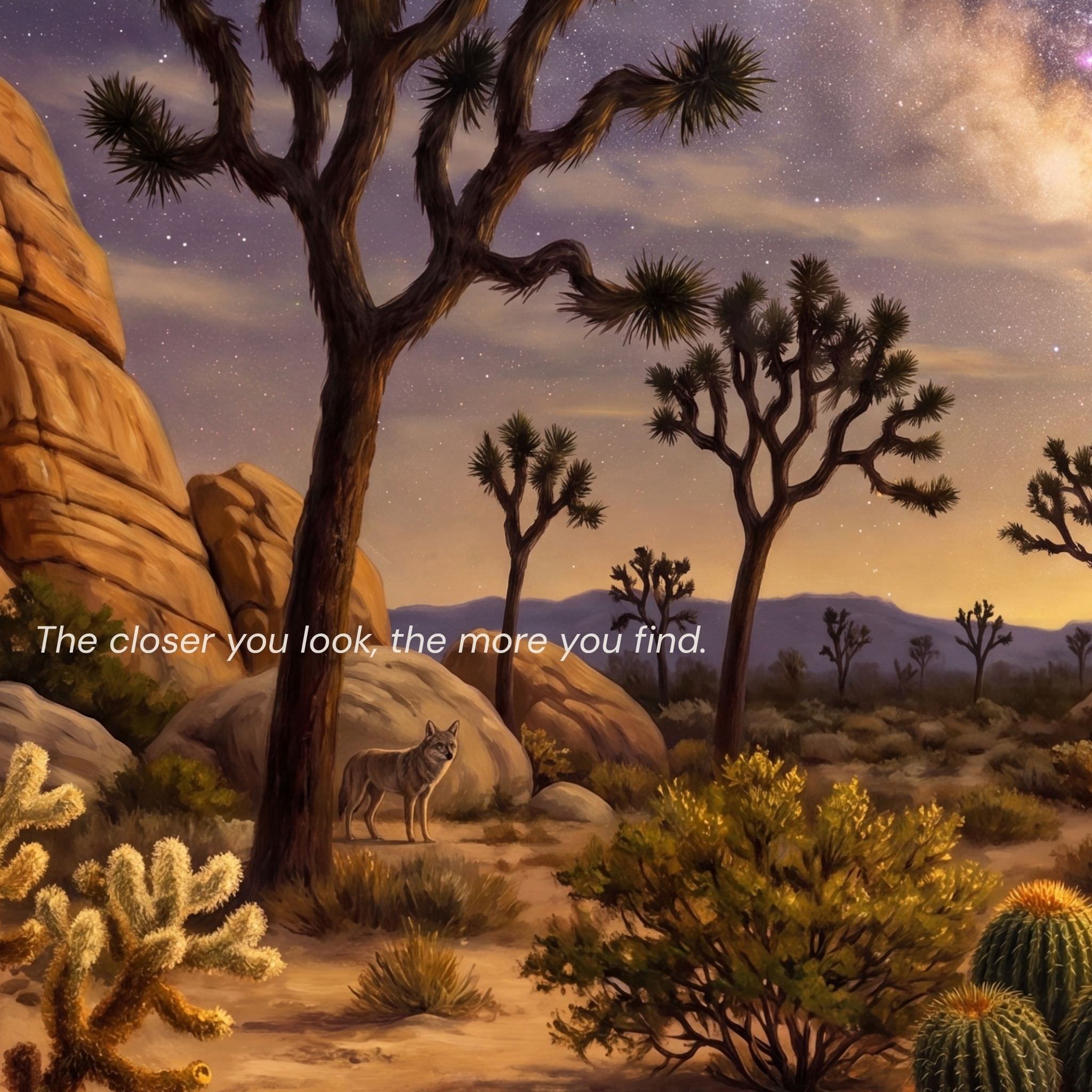 Joshua Tree Night puzzle detail — solo coyote among monzogranite boulders Mojave Desert dark sky