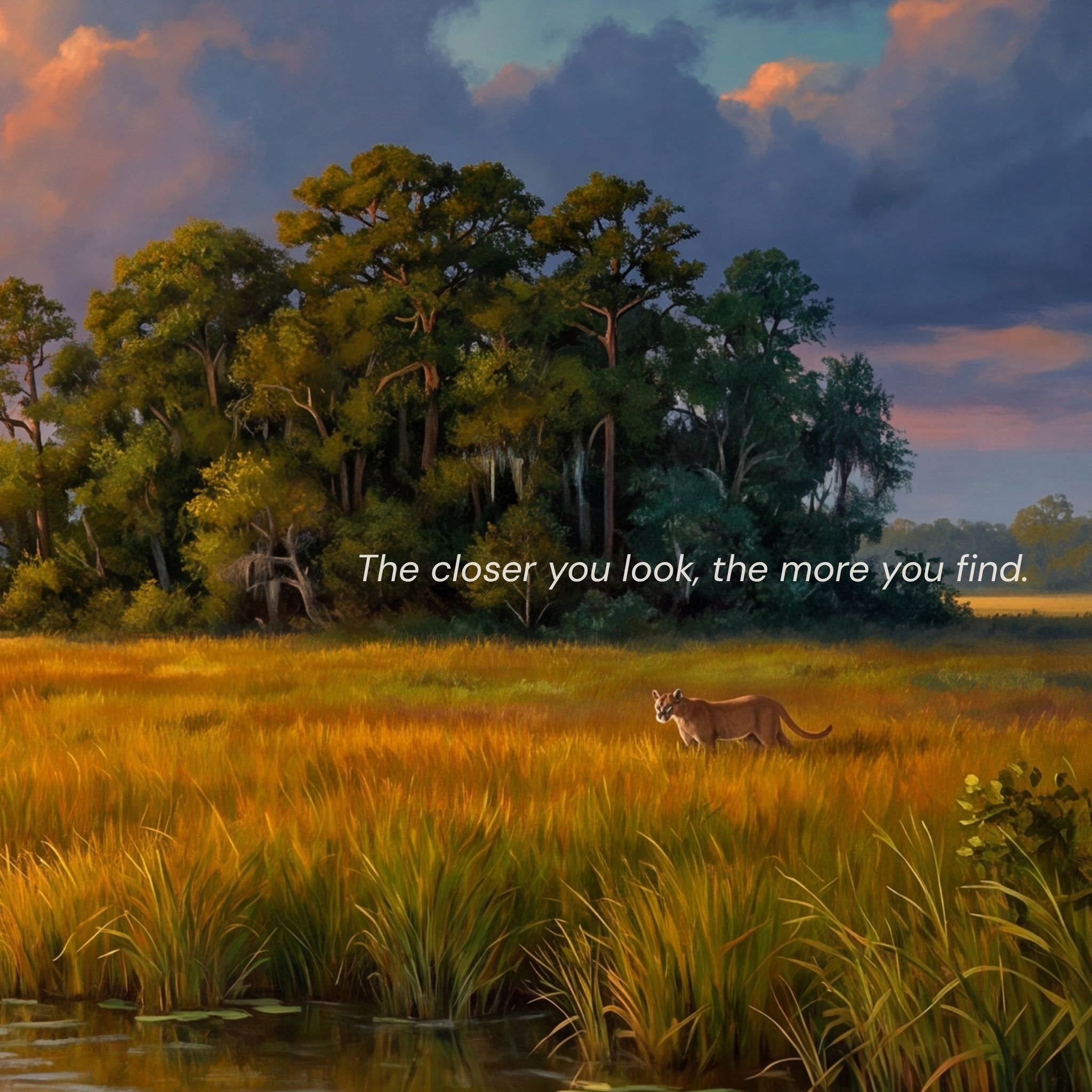 Everglades puzzle detail — Florida Panther discovery element distant sawgrass prairie golden hour