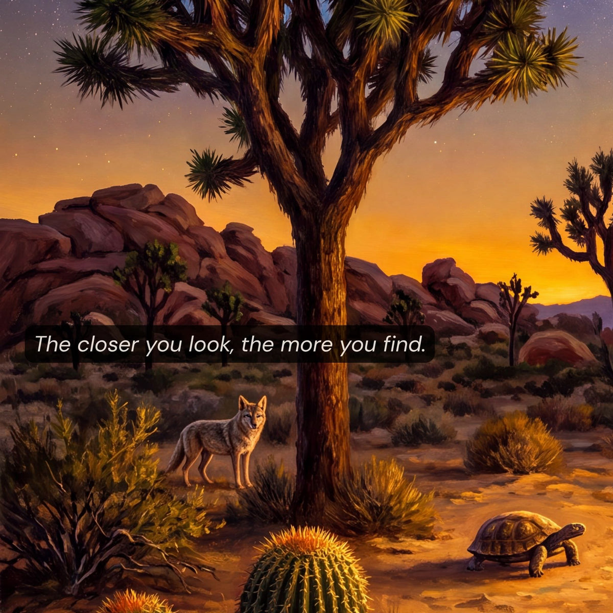 Joshua Tree Night puzzle detail — solo coyote among monzogranite boulders Mojave Desert dark sky