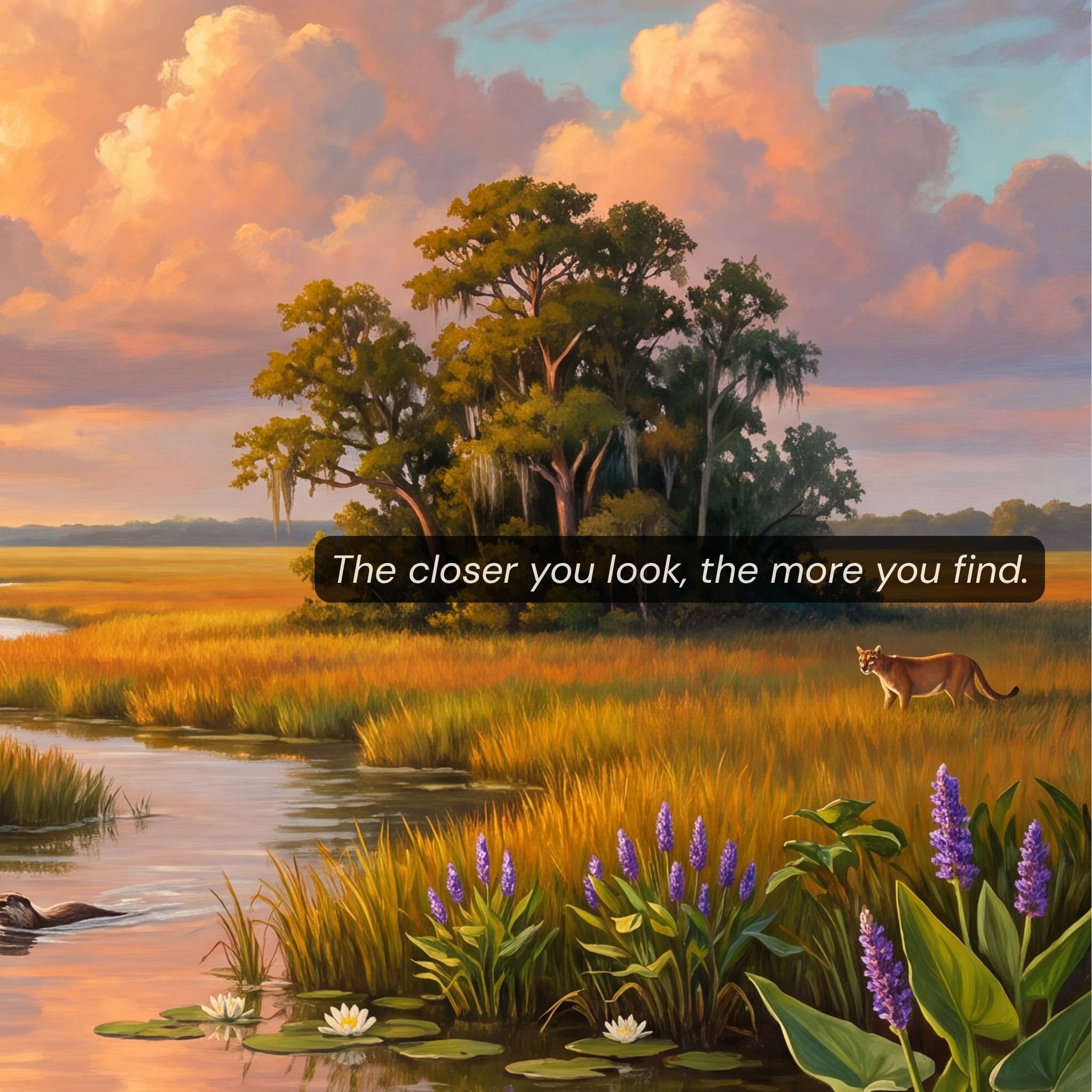 Everglades puzzle detail — Florida Panther discovery element distant sawgrass prairie golden hour