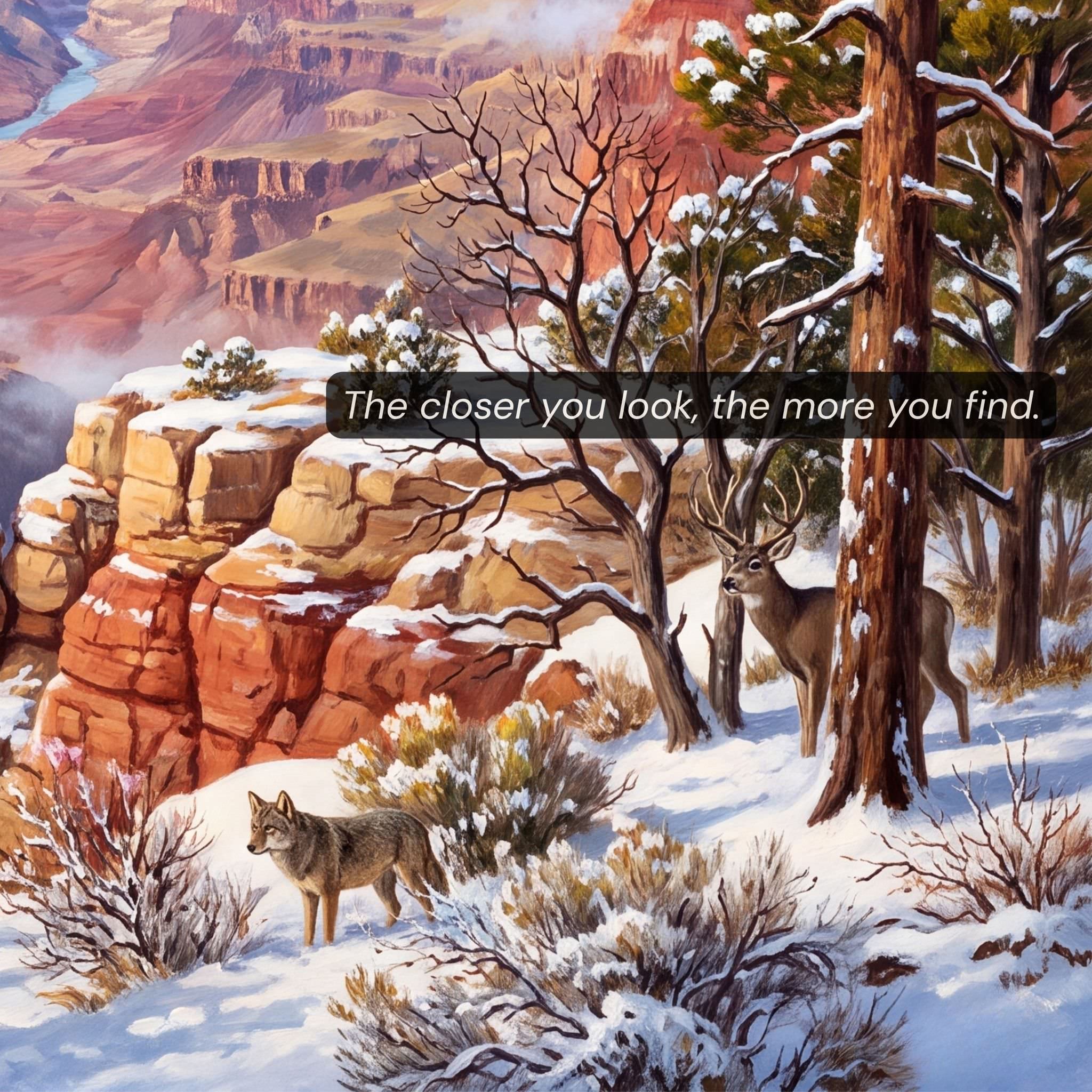  Close-up of Grand Canyon Winter puzzle pieces showing snow-dusted canyon rim detail and Mule Deer Buck
