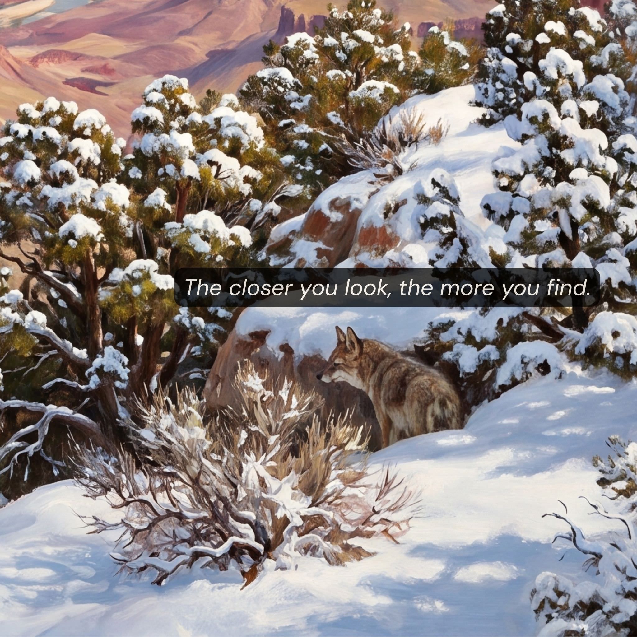  Close-up of Grand Canyon Winter puzzle pieces showing snow-dusted canyon rim detail and Coyote