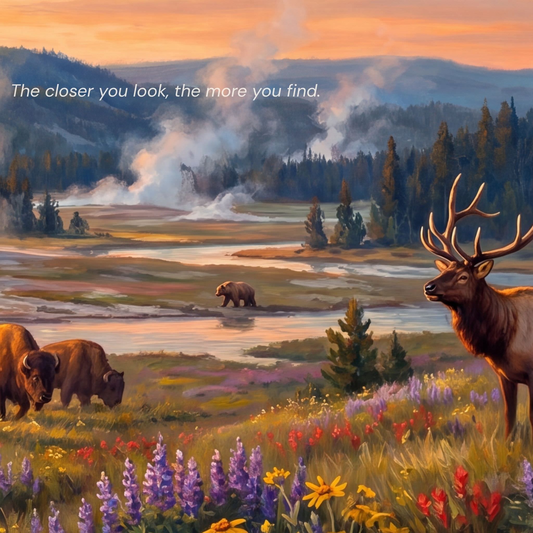 Yellowstone Old Faithful puzzle detail — grizzly bear and bison herd in wildflower meadow at sunrise