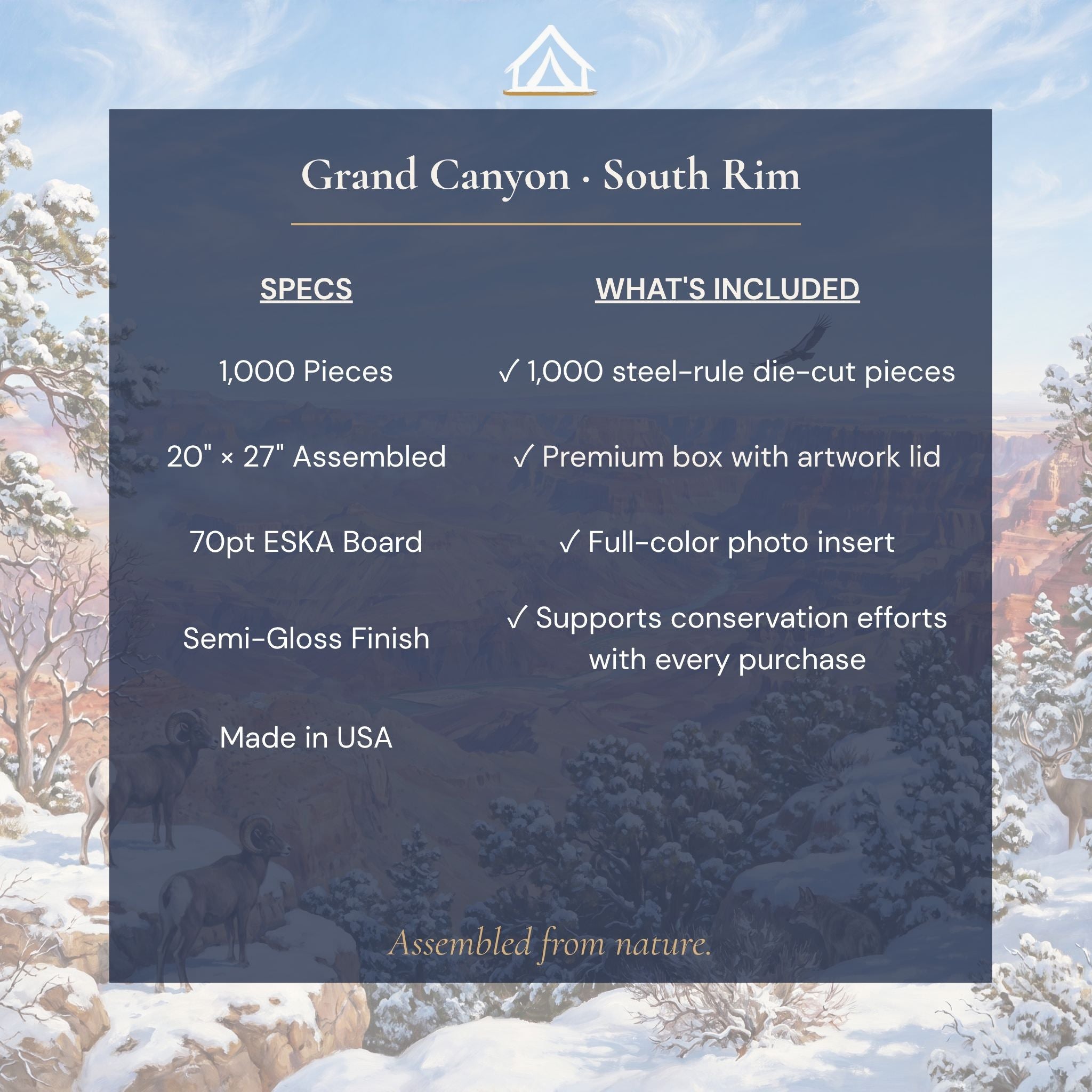 Grand Canyon Winter 1,000-piece puzzle specifications including size, board thickness, and finish