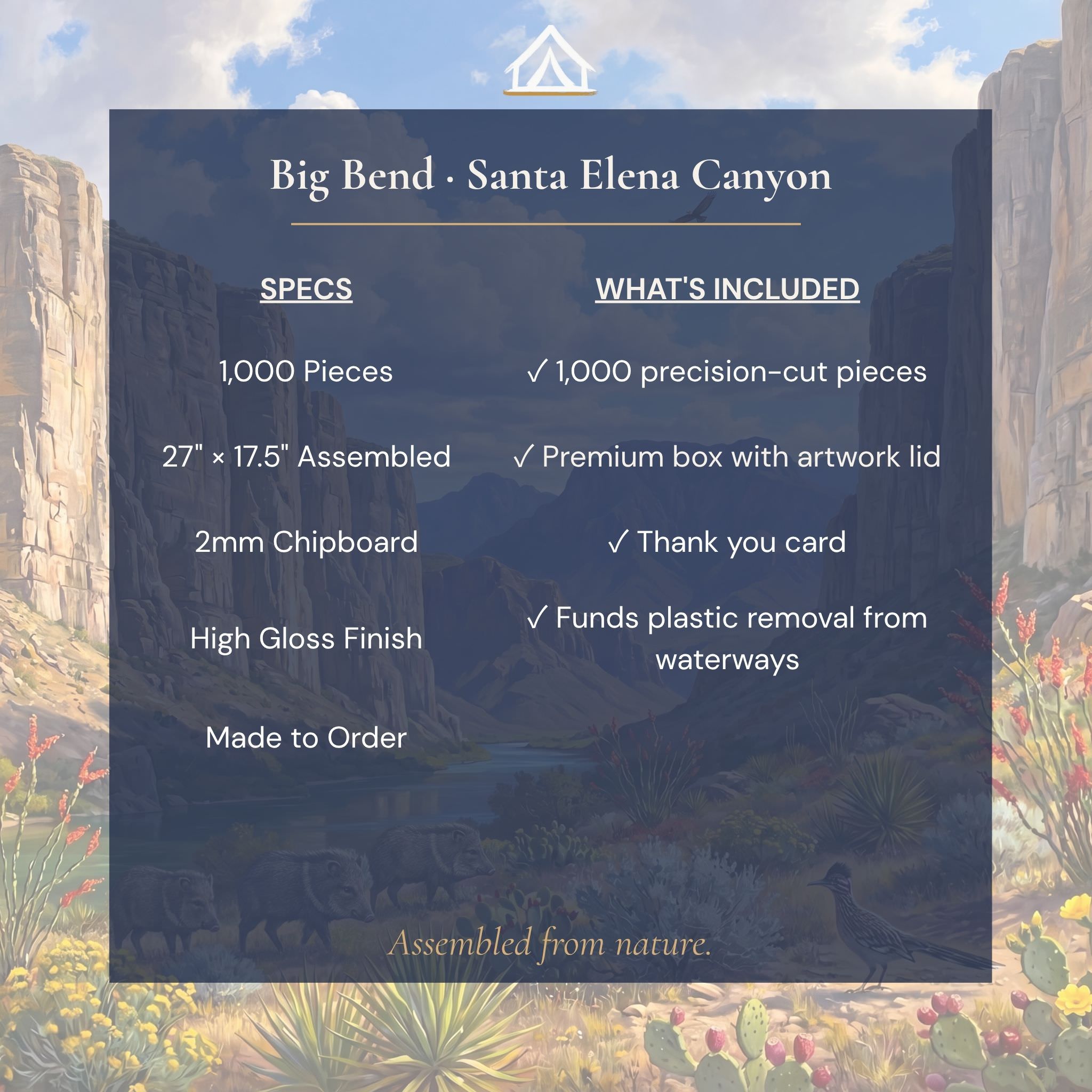 Big Bend Day puzzle specifications — 1000 pieces 27x17.5 inches 2mm chipboard dye sublimation