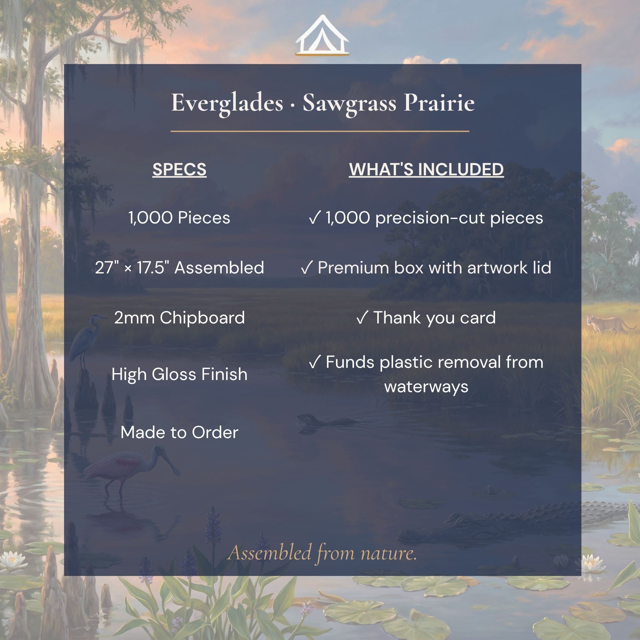 Everglades puzzle specifications — 1000 pieces 27x17.5 inches 2mm chipboard dye sublimation printing