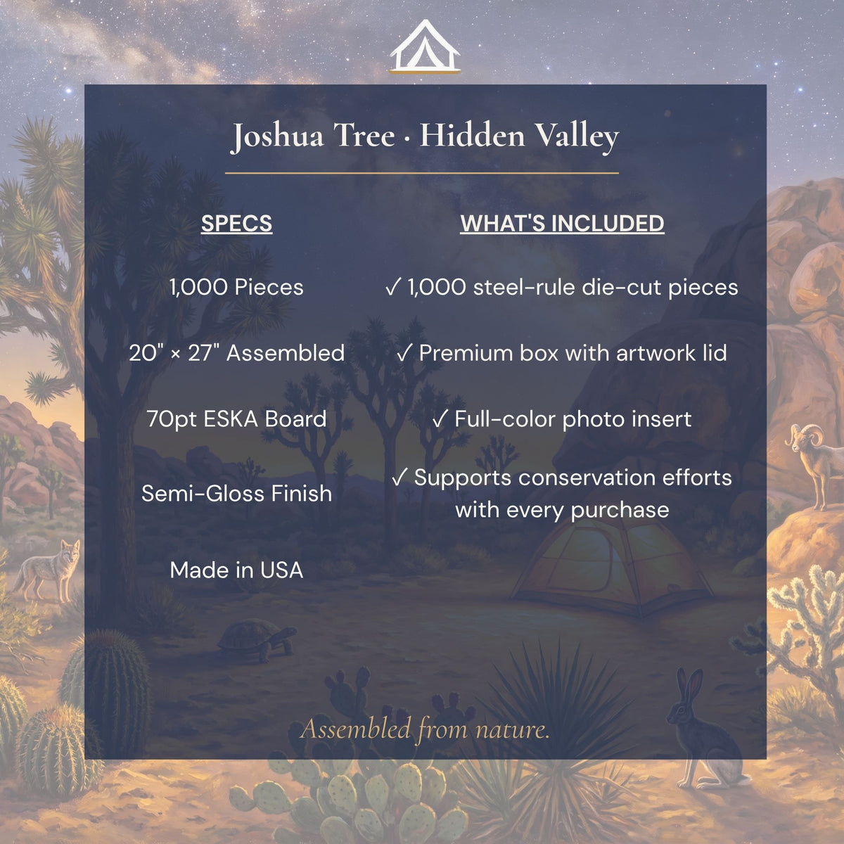 Joshua Tree Night puzzle specifications — 1000 pieces 27x17.5 inches 70pt ESKA blue board with digital printing