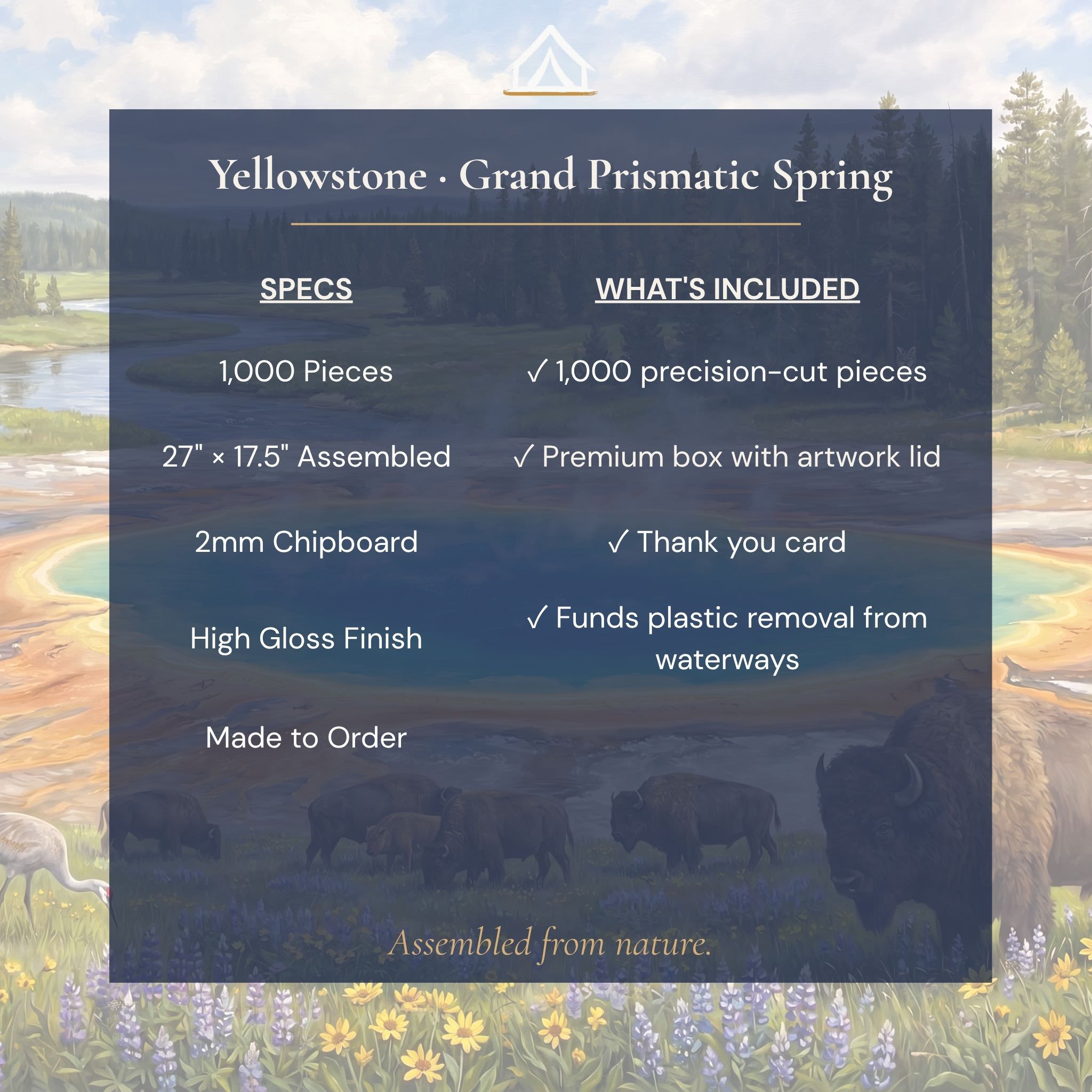 Yellowstone Grand Prismatic puzzle specifications — 1000 pieces 27x17.5 inches 2mm chipboard dye sublimation