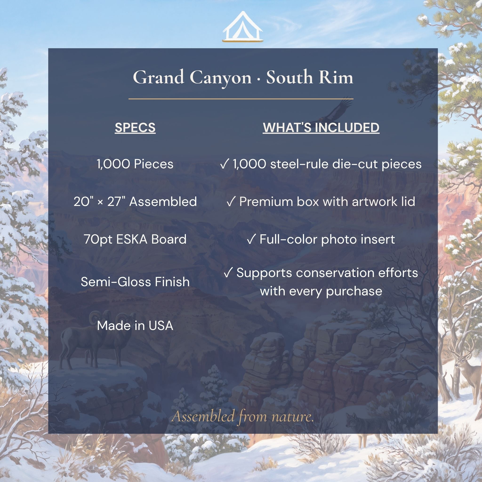 Grand Canyon Winter 1,000-piece puzzle specifications including size, 70pt ESKA blue board, and semi-gloss digitally printed finish