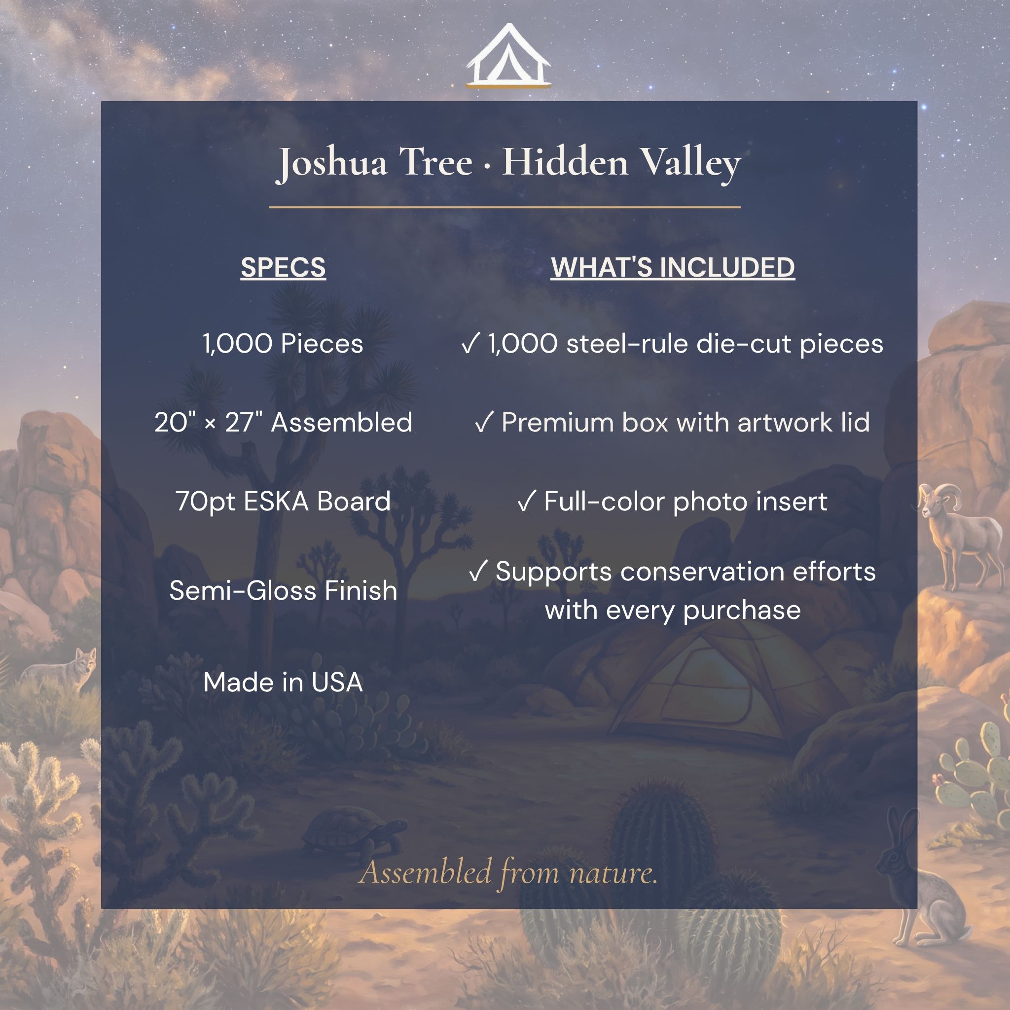 Joshua Tree Night puzzle specifications — 1000 pieces 27x17.5 inches 70pt ESKA blue board with digital printing