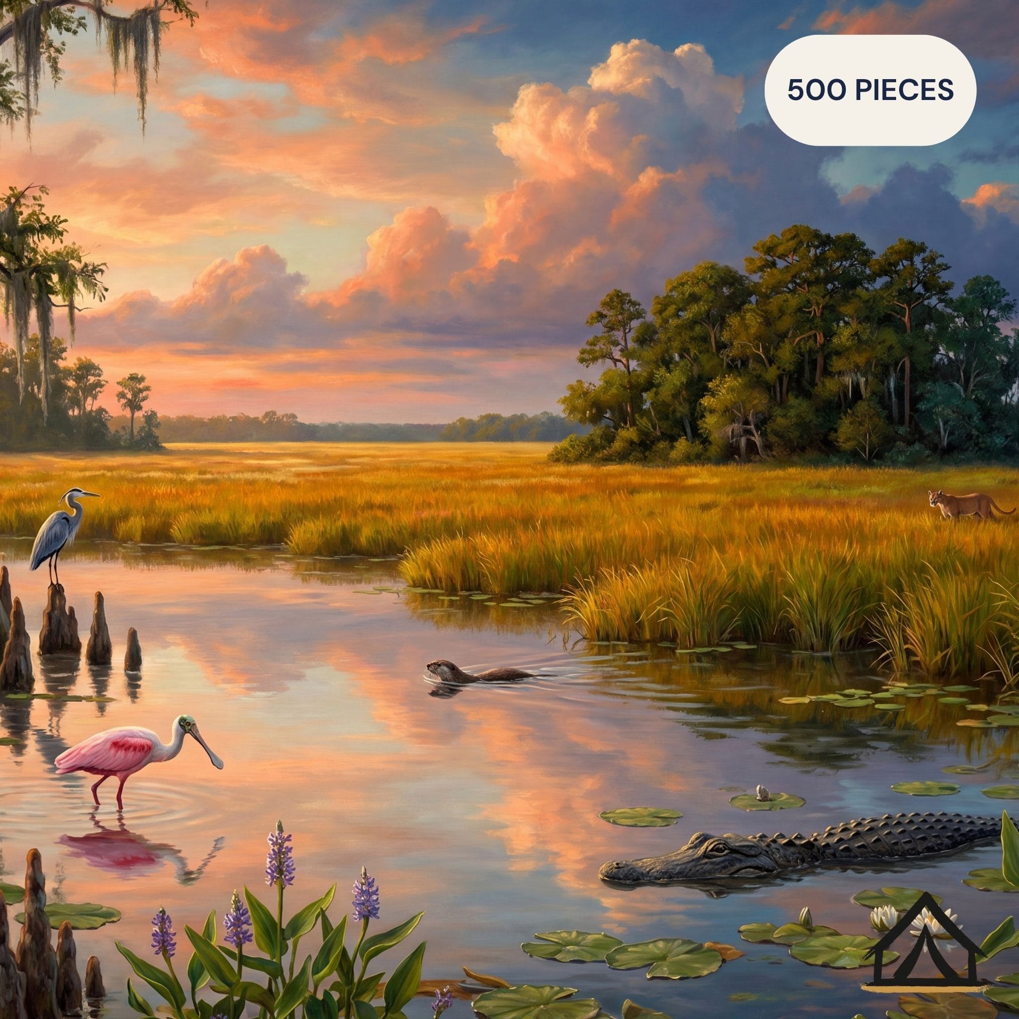 Everglades National Park golden hour jigsaw puzzle — Roseate Spoonbill Great Blue Heron alligator sawgrass 
prairie cypress trees — 500 piece fine art
