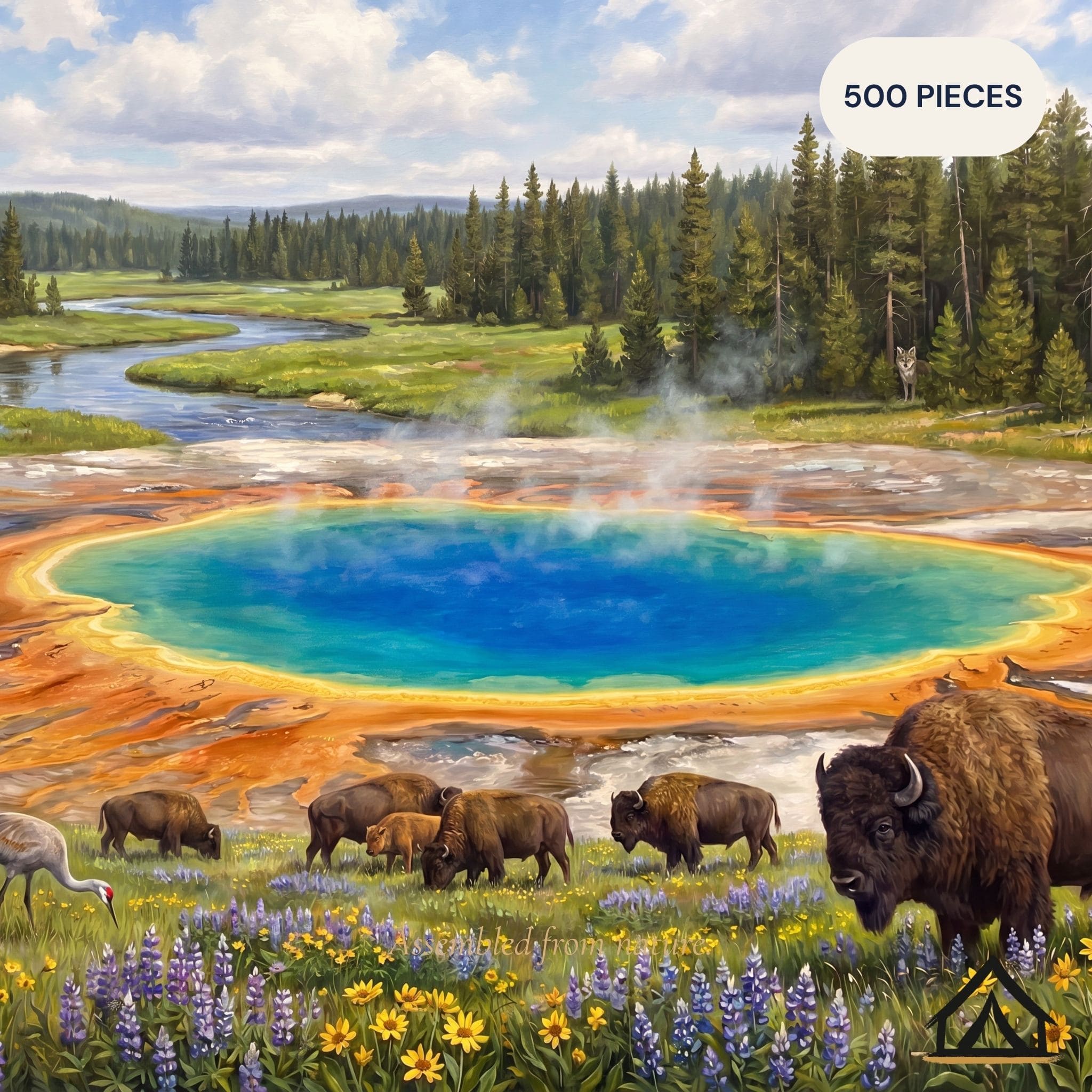 Yellowstone National Park Grand Prismatic Spring jigsaw puzzle — bison sandhill crane wildflowers — 500 piece fine art